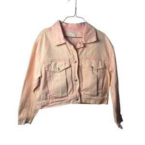 Blank NYC Womens Large Denim Jacket Faded Pink Acid Washed Cropped Trucker Style